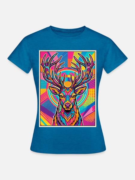 Hirsch Neon Pop Art Kaleidoskop - Frauen T-Shirt - Antikblaues Saphir meliert