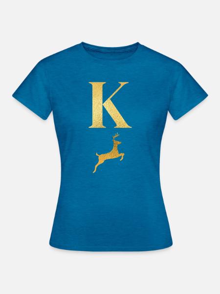 Buchstabe k Goldener Hirsch - Geschenkidee - Frauen T-Shirt - Antikblaues Saphir meliert