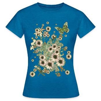 Fleurs sur fleurs - Fleurs Flora Papillon - T-shirt Femme - bleu saphir antique chiné - Devant - AI Model Female 172 dark (172cm)