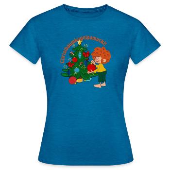 Pumuckl Christbaumkugelpumuckl Und Weihnachtbaum - Frauen T-Shirt - Antikblaues Saphir meliert - Vorne - AI Model Female 172 dark (172cm)