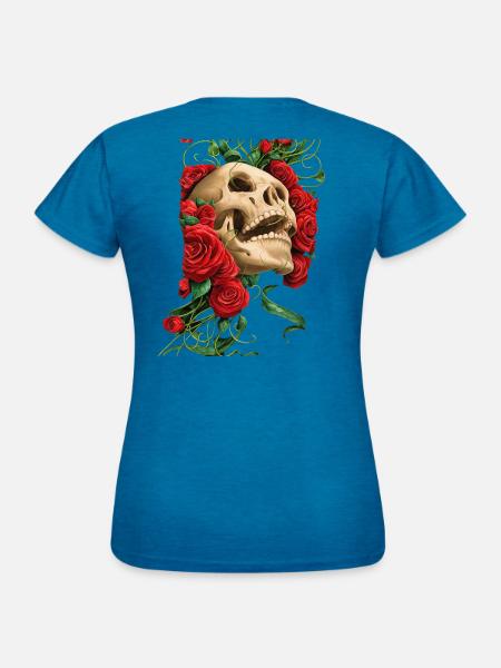Karmesinroter Rosenschädel - Frauen T-Shirt - Antikblaues Saphir meliert