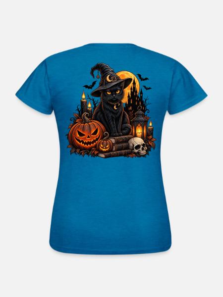 Magische Halloween-Katze im Gothic-Stil - Frauen T-Shirt - Antikblaues Saphir meliert