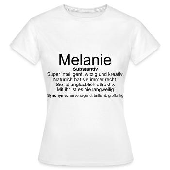 Nom Définition Melanie - T-shirt Femme - blanc - Devant - AI Model Female 172 dark (172cm)