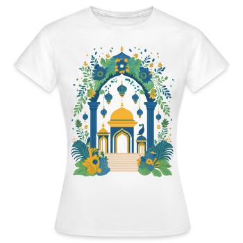 Indischer Tempel mit Säulen, Blumen und Pfau - Frauen T-Shirt - Weiß - Vorne - AI Model Female 172 dark (172cm)
