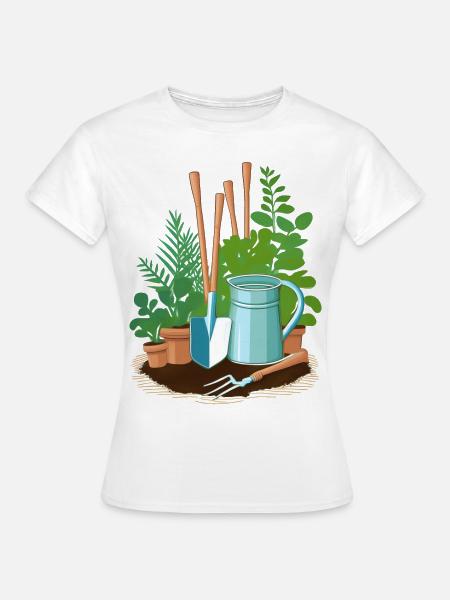 Utensilien eines Gärtners: Schaufel, Harke, ect - Frauen T-Shirt - Weiß
