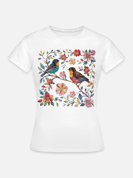 Kleine Vögel im Blumenmuster - Frauen T-Shirt - Weiß