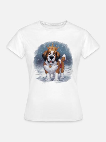 Cartoon Bernhardiner mit Krone im Schnee - Frauen T-Shirt - Weiß