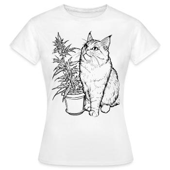 Chat avec plante de cannabis : Tigre domestique avec chanvre - T-shirt Femme - blanc - Devant - AI Model Female 172 dark (172cm)