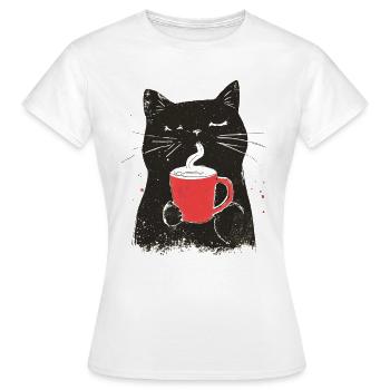 Vintage Katze mit Kaffee - Linolschnitt-Stil - Frauen T-Shirt - Weiß - Vorne - AI Model Female 172 dark (172cm)