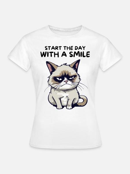 Start the Day with a Smile - Lustige Grumpy Katze - Frauen T-Shirt - Weiß