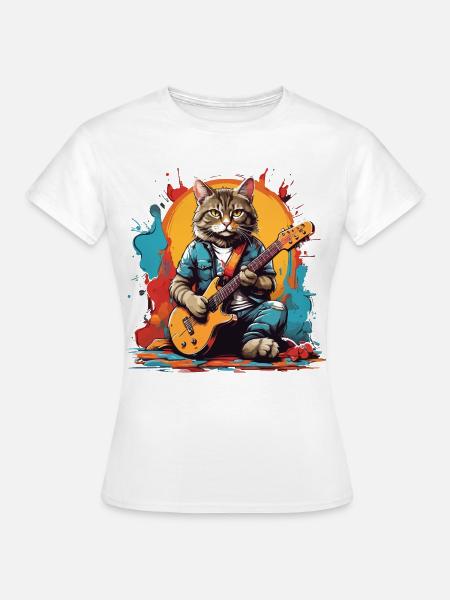 Katze mit Gitarre - Frauen T-Shirt - Weiß