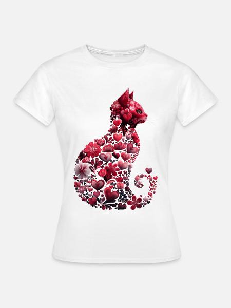 Romantische Katze Herzen und Blumen Valentinstag Katze - Frauen T-Shirt - Weiß