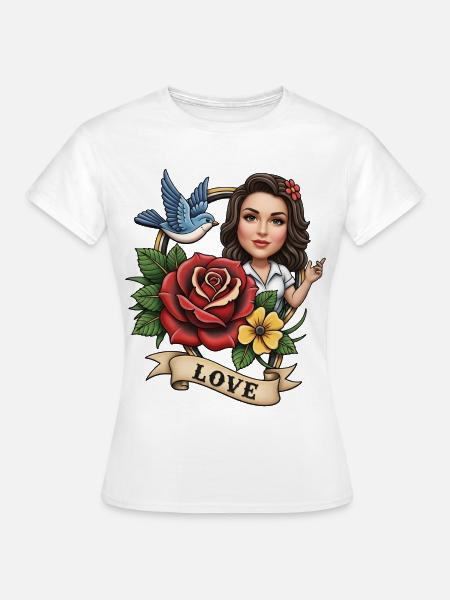 Romantisches Blumenporträt mit Vogel - Frauen T-Shirt - Weiß