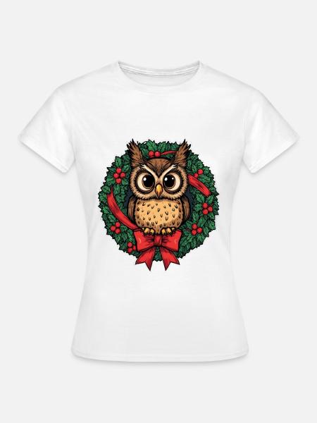 Eule im Weihnachtskranz - Frauen T-Shirt - Weiß