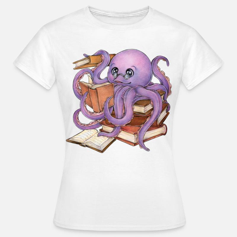 Læsning blæksprutte i stak af bøger Boggave - Dame-T-shirt - hvid