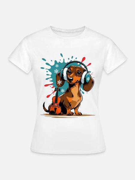 Teckel de musique d’hiver avec casque - T-shirt Femme - blanc