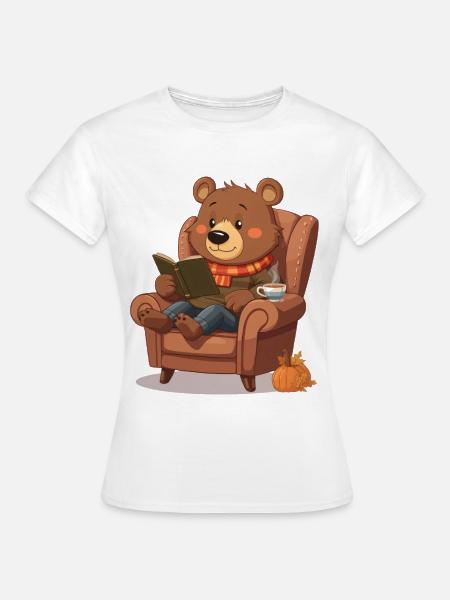 Lesender Bär im Herbstsessel - Frauen T-Shirt - Weiß