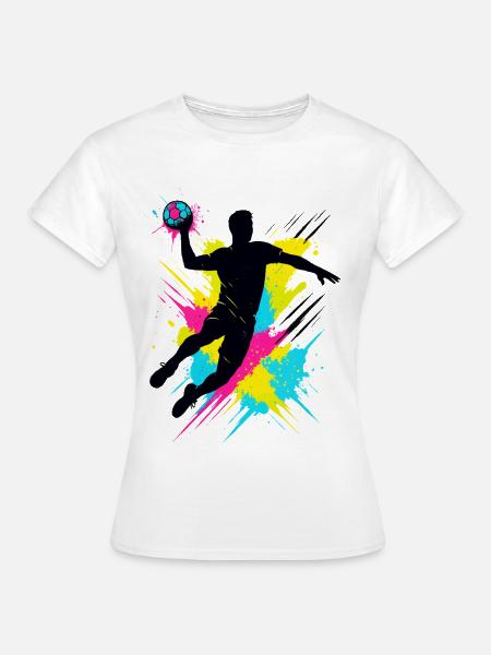 Handball Spieler Splash, bunter Sprungwurf, Action - Dame-T-shirt - hvid