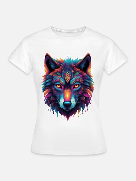 Neon-Wolf Kernmotiv Farbexplosion - Frauen T-Shirt - Weiß