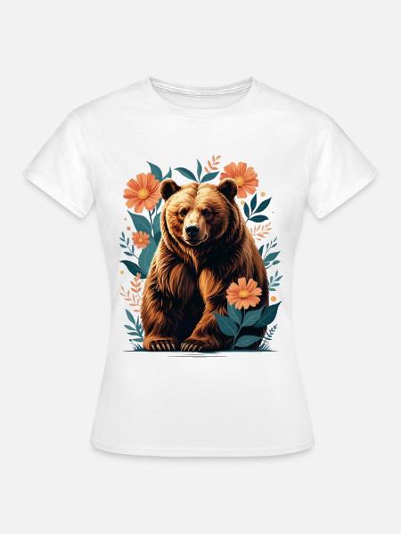 Braunbär im Blütenrahmen - Frauen T-Shirt - Weiß
