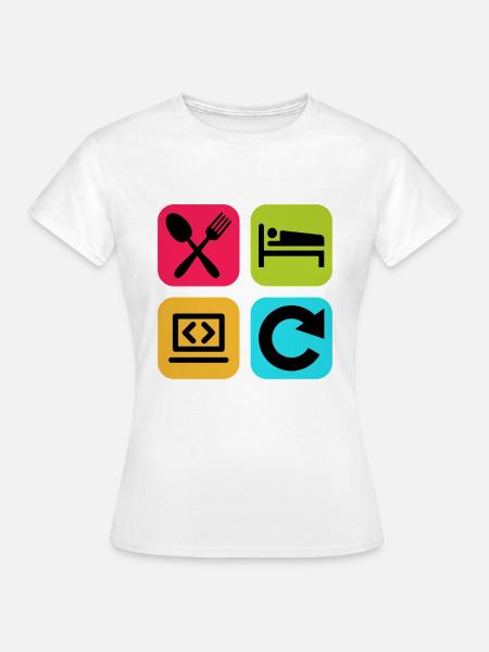 Essen, schlaf, Programm wiederholen, lustiger Zitatcode - Frauen T-Shirt - Weiß