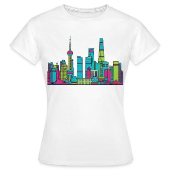 Shanghai City Skyline: Orientalische Perlenlinienzeichnung - Frauen T-Shirt - Weiß - Vorne - AI Model Female 172 dark (172cm)