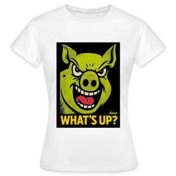 Porc souriant avec Qu’est-ce qui se passe ? - T-shirt Femme - blanc - Devant - AI Model Female 172 dark (172cm)