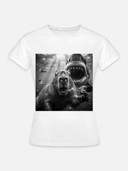 Capybara Unterwasser-Selfie mit Hai - Frauen T-Shirt - Weiß
