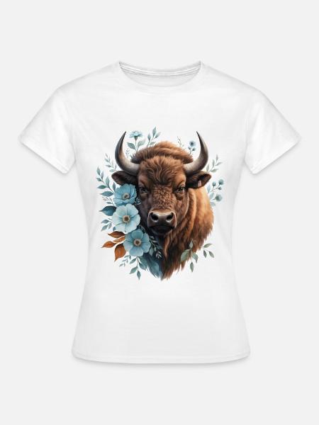 Büffelporträt mit blauen Blumen - Frauen T-Shirt - Weiß