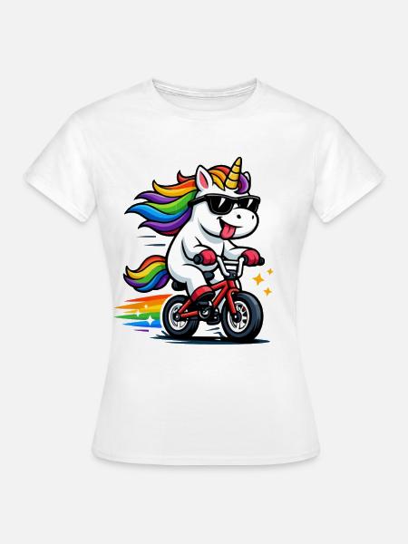 Cooles Einhorn auf Fahrrad – Lustiges Regenbogen - Frauen T-Shirt - Weiß