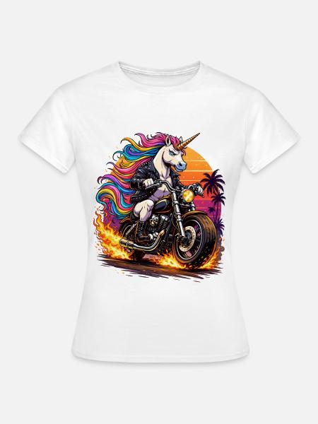 Einhorn-Motorrad im Neon-Sunset - Frauen T-Shirt - Weiß