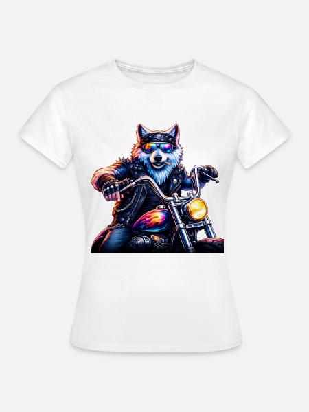 Neon Biker Wolf Motorradtier - Frauen T-Shirt - Weiß