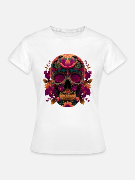 Edler Calavera Totenkopf Floral - Dia de los Muert - Frauen T-Shirt - Weiß