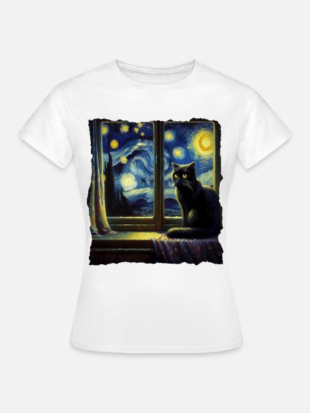 Schwarze Katze Starry Night - Frauen T-Shirt - Weiß