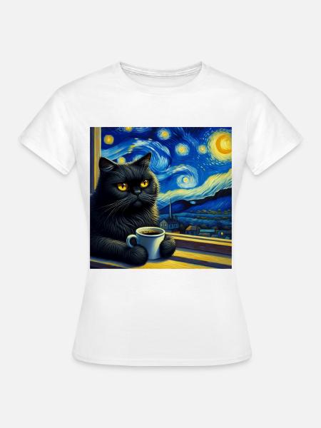 Schwarze Katze Starry Night - Frauen T-Shirt - Weiß