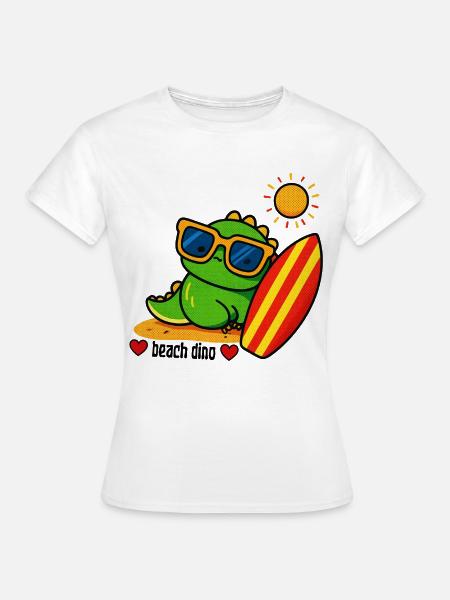 Strand-Dino mit Surfbrett - Frauen T-Shirt - Weiß
