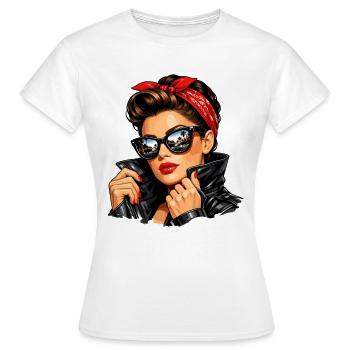 Cool pin-up girl in leather jacket & sunglasses - Women's T-Shirt - white - Front - AI Model Female 172 dark (172cm)