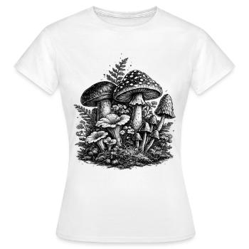 Linogravure vintage aux champignons forestiers - T-shirt Femme - blanc - Devant - AI Model Female 172 dark (172cm)