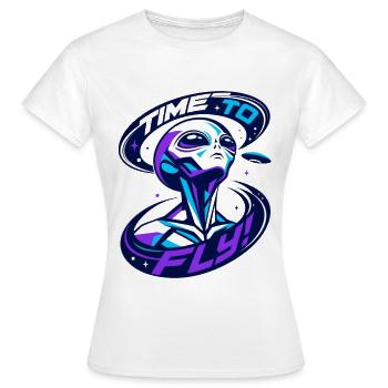 Time To Fly – Alien UFO Synthwave Space Art - Women's T-Shirt - white - Front - AI Model Female 172 dark (172cm)