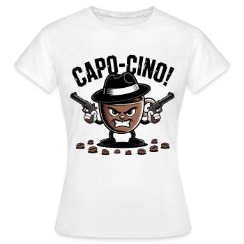 CAPO‑CINO – Gangster Coffee Pun Cartoon Design - Women's T-Shirt - white - Front - AI Model Female 172 dark (172cm)