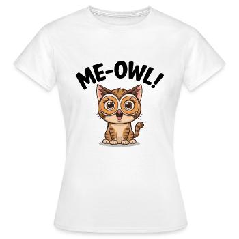 Me-Owl – Dessin animé Chat portant un masque de hibou avec un jeu de mots - T-shirt Femme - blanc - Devant - AI Model Female 172 dark (172cm)