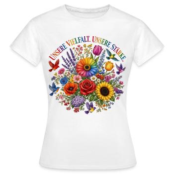 Unsere Vielfalt Unsere Stärke Blumenmotiv Pride - Frauen T-Shirt - Weiß - Vorne - AI Model Female 172 dark (172cm)