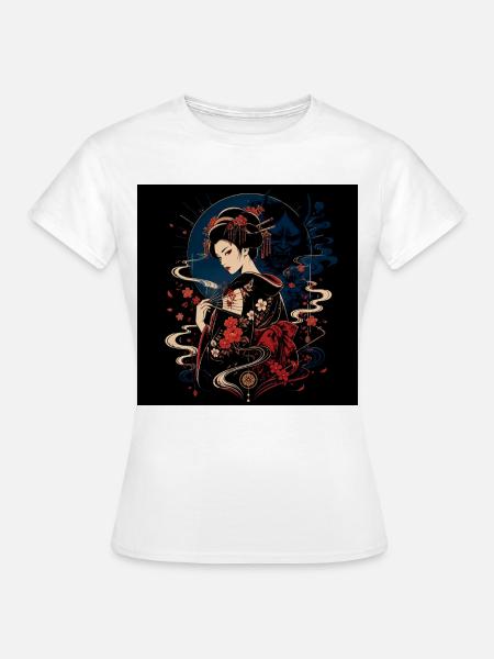 Geisha mit Blumenfächer - Frauen T-Shirt - Weiß