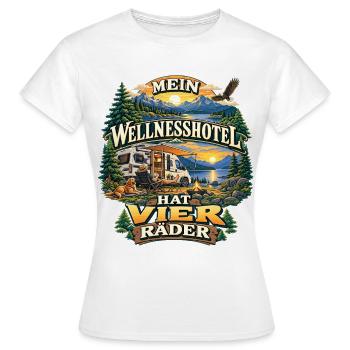 MEIN WELLNESSHOTEL HAT VIER RÄDER - Lustiger - Frauen T-Shirt - Weiß - Vorne - AI Model Female 172 dark (172cm)