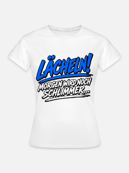 Lächeln! Blaues Pinsel-Statement - Frauen T-Shirt - Weiß