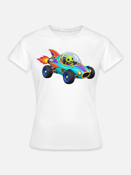 Alien Raketenrennwagen Cartoon - Frauen T-Shirt - Weiß