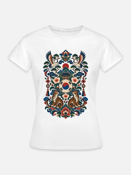 Südkorea | Tiger, Kraniche & Hanbok-Stil - Frauen T-Shirt - Weiß