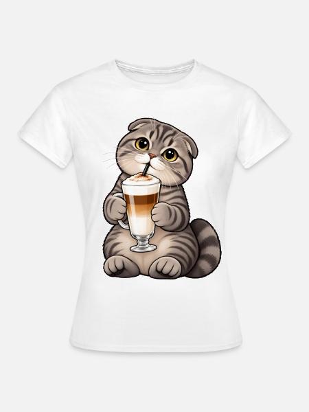 Scottish Fold mit Latte Macchiato – Katzenkaffee - Frauen T-Shirt - Weiß