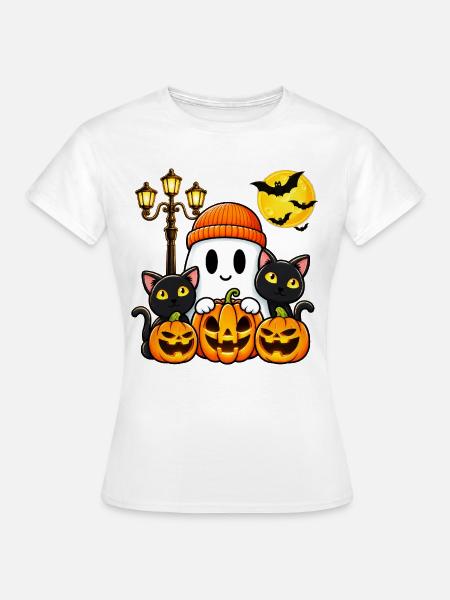 Süßer Halloween Geist mit Katzen und Kürbis - Frauen T-Shirt - Weiß