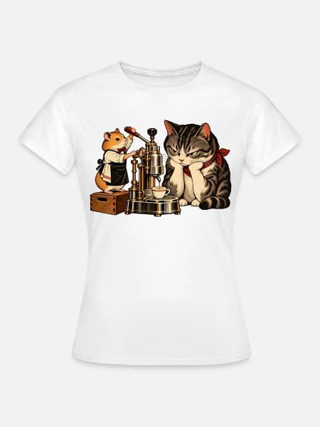 Hamster & Katze beim Espresso-Machen – Kaffee - Frauen T-Shirt - Weiß